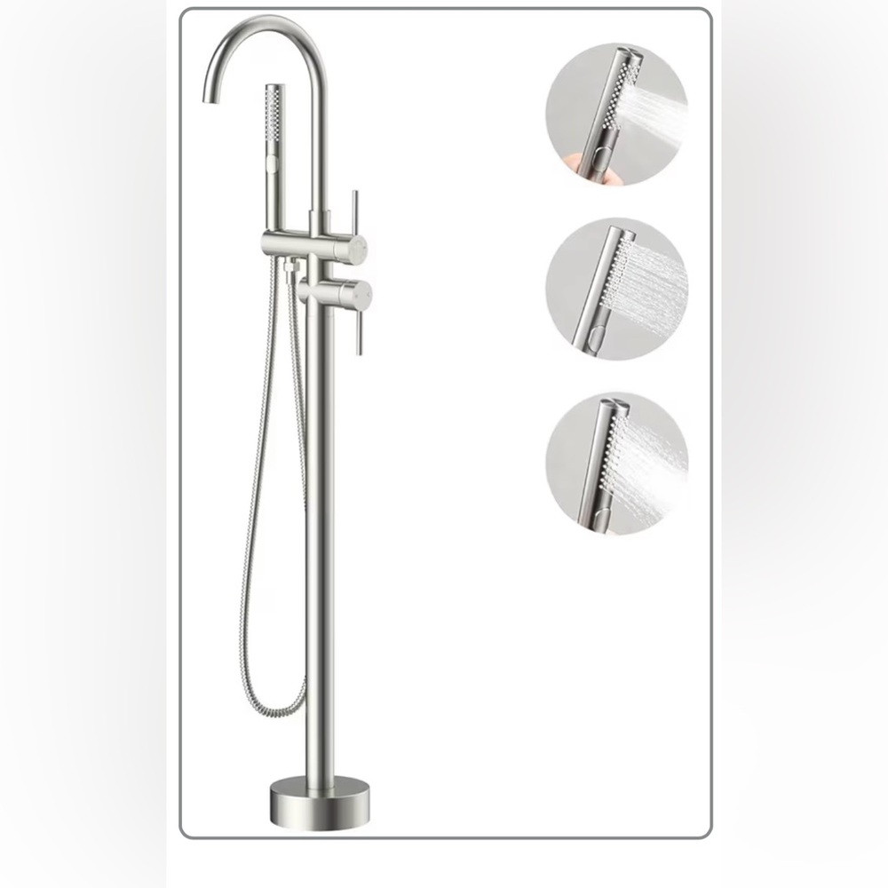 Free Standing Bathtub Faucet Set: Floor Mount Tub Filler with 3-Function Head